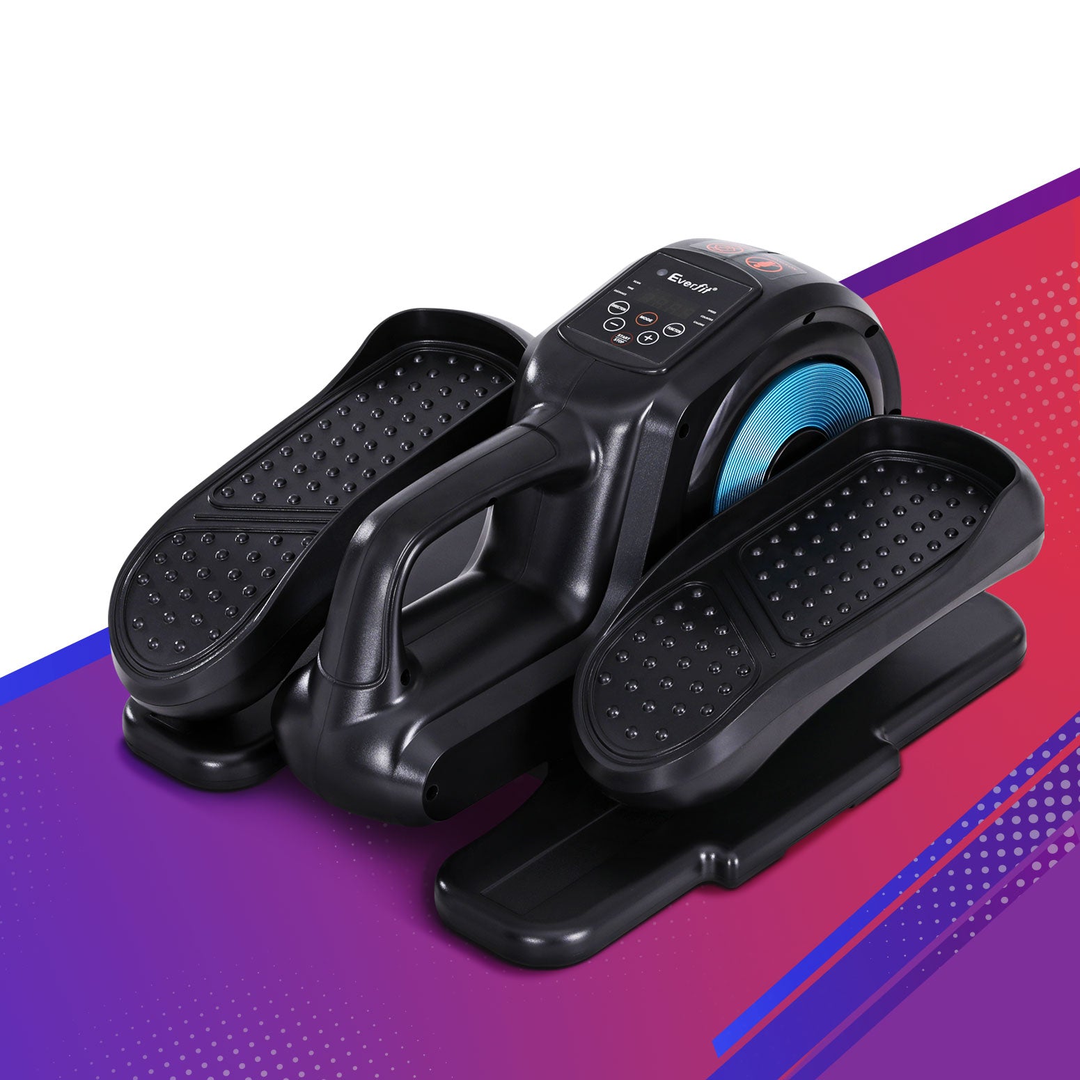 Black exercise stepper on a colorful gradient background