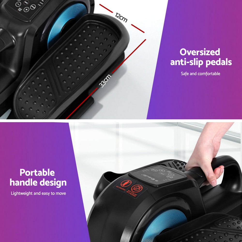 Oversized anti-slip pedals and portable handle design of a fitness device with text labels.