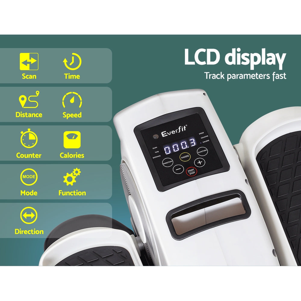 Everfit step machine with LCD display and feature icons on a green background