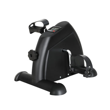 Black exercise bike with digital display on a white background
