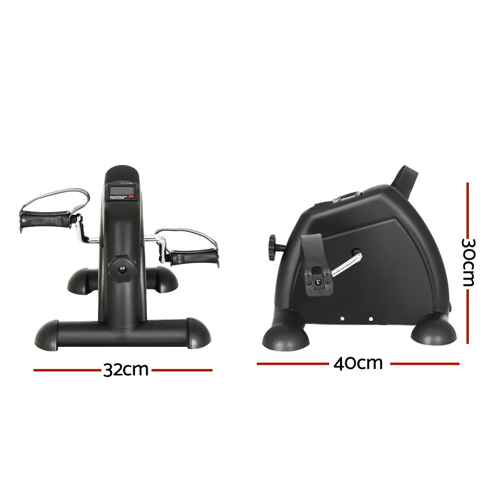 Compact exercise bike with dimensions labeled on a white background