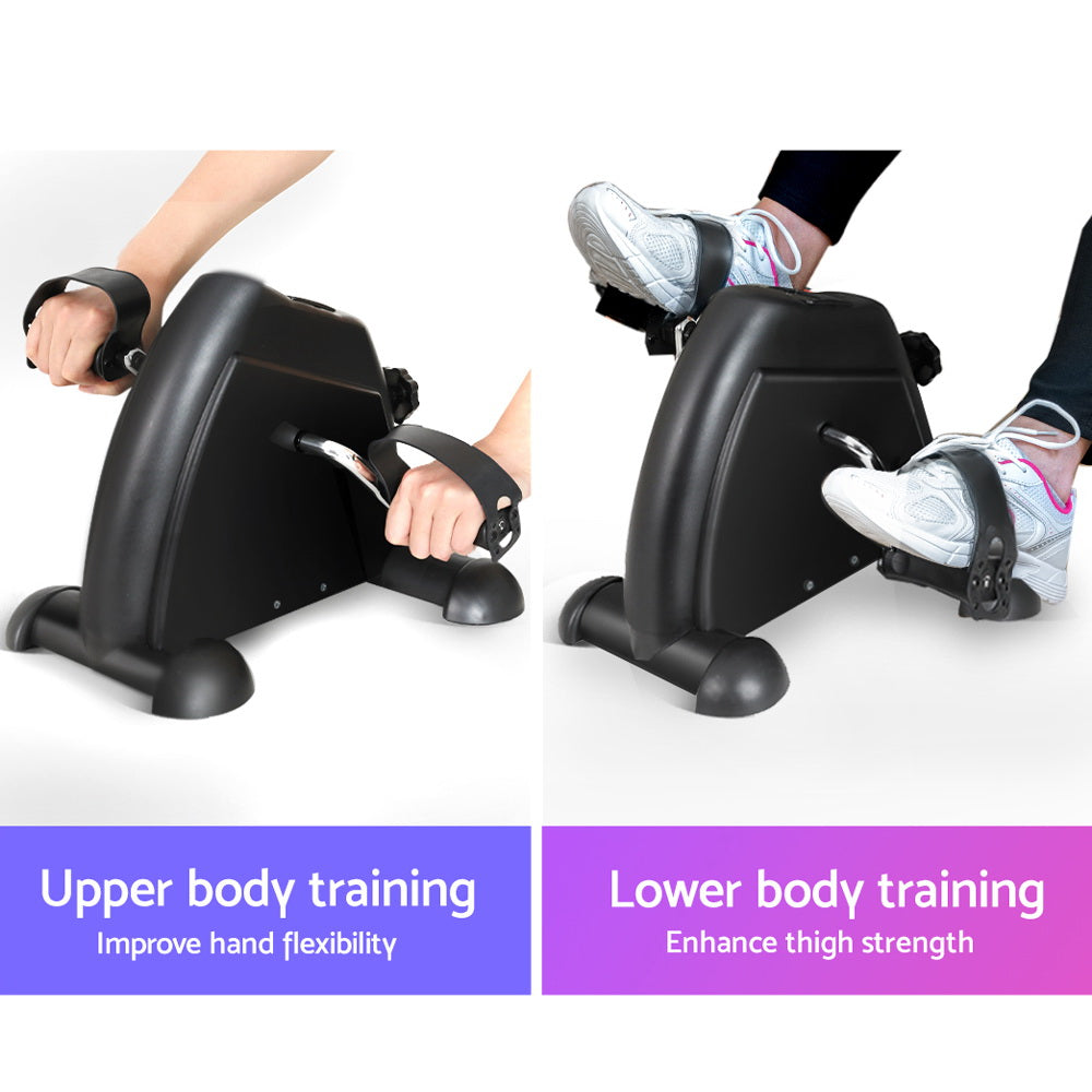 Split image showing a person using an exercise bike for upper body training on the left and lower body training on the right, with text indicating benefits.