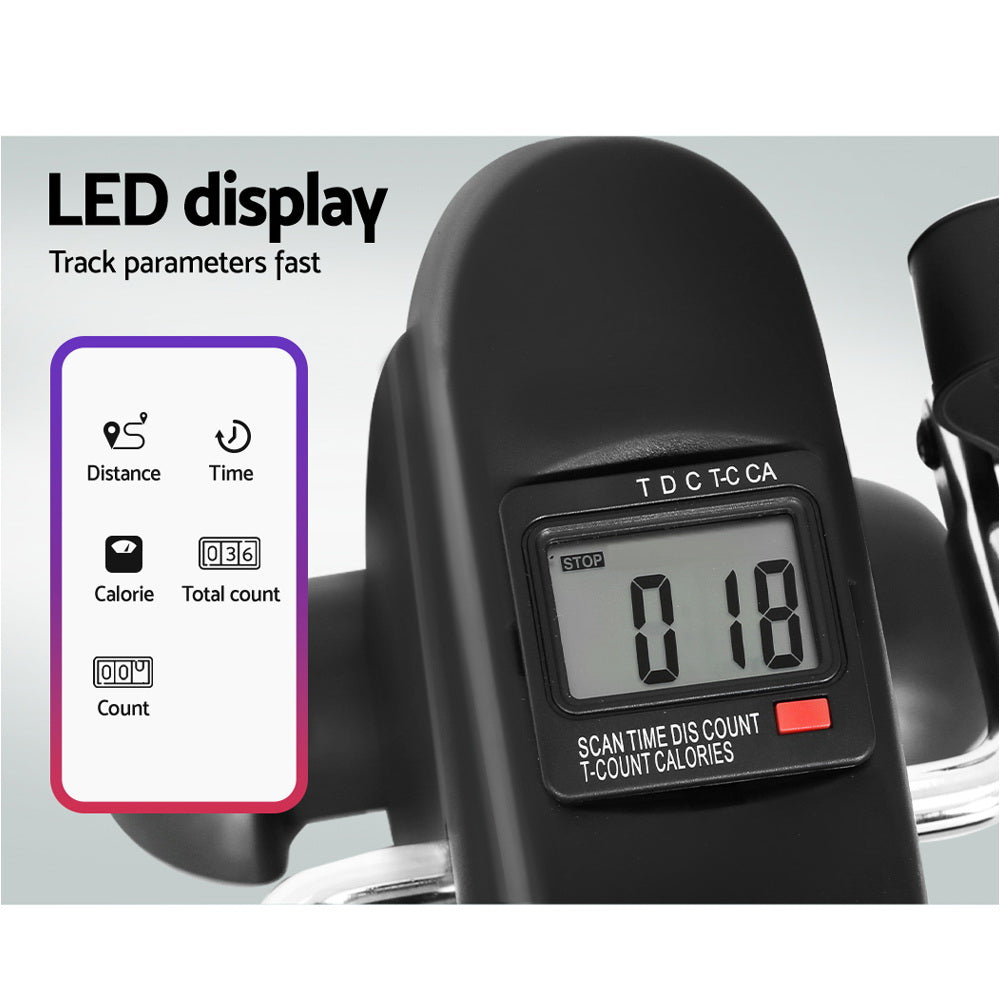 Digital display on a piece of exercise equipment with LED indicators and text.