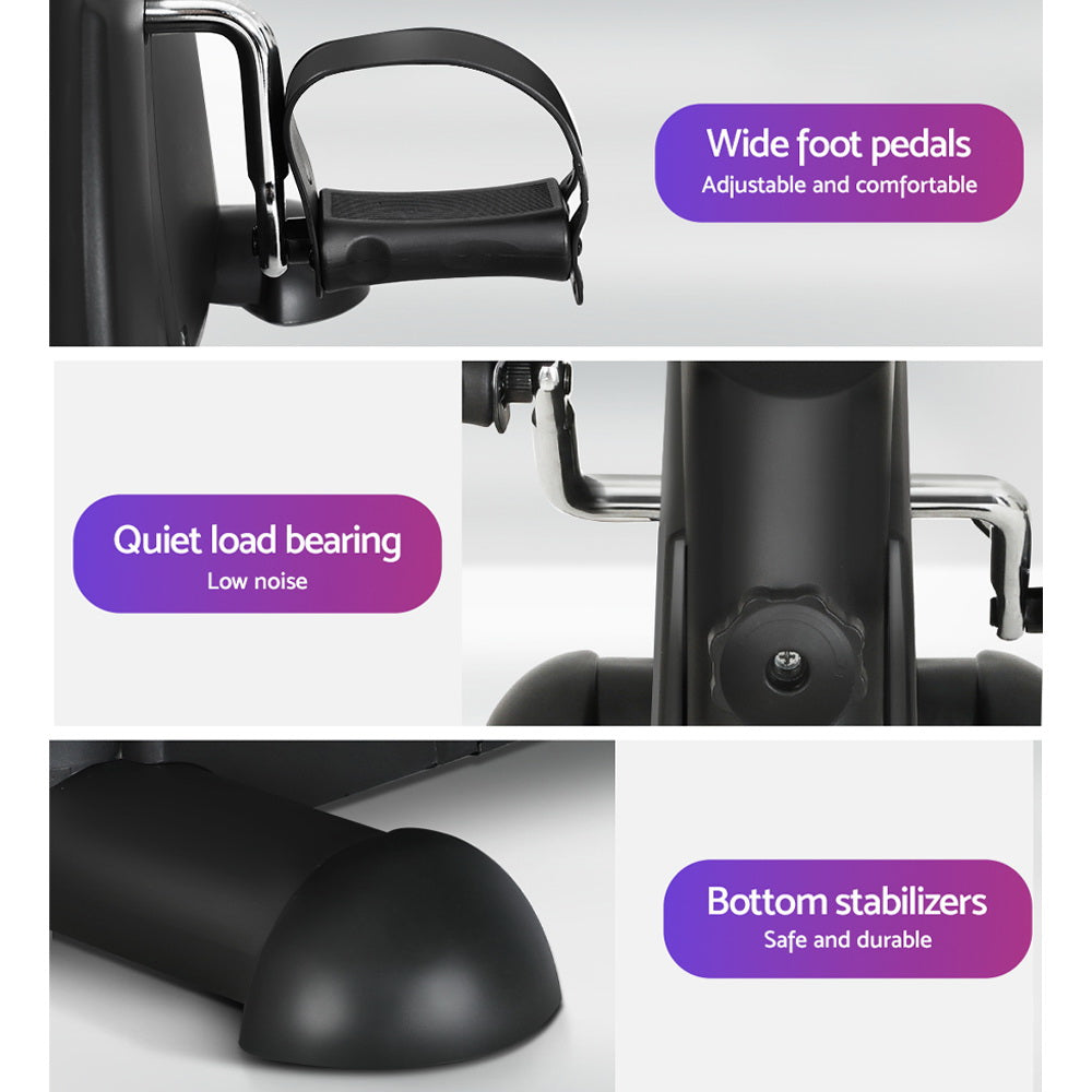 Product features with wide foot pedals, quiet load bearing, and bottom stabilizers on a white background.