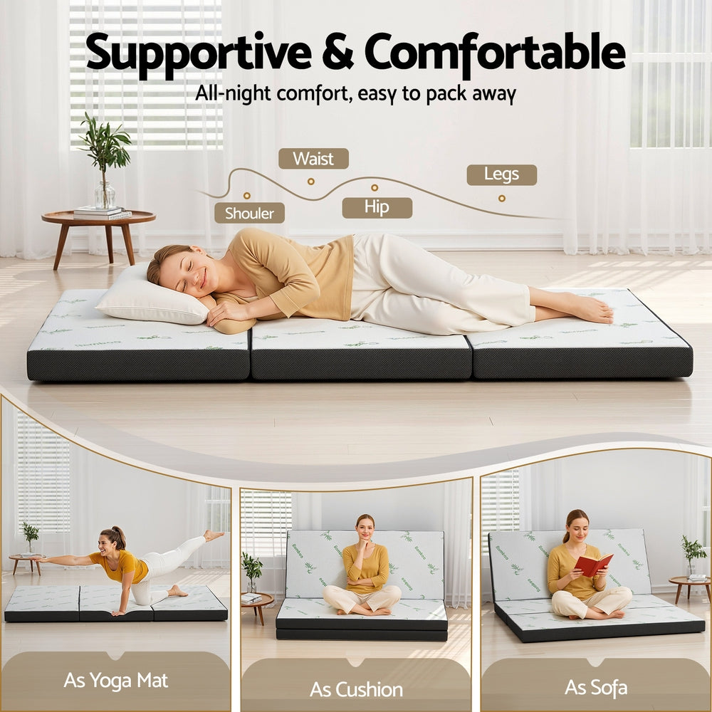 Woman lying on a modular mattress system in a room with text highlighting its features.