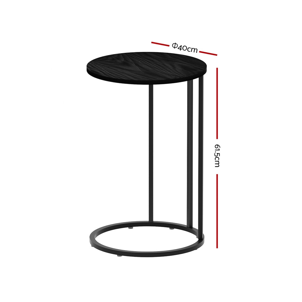 Black round side table with dimensions on a white background