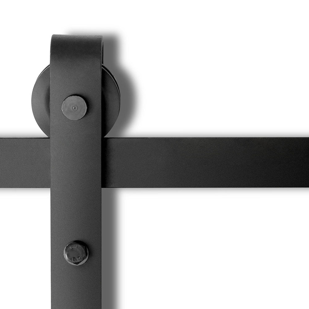 Black sliding door hardware system on a white background