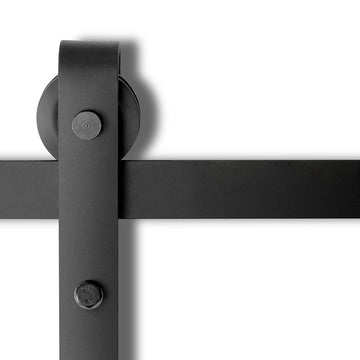 Black sliding door hardware system on a white background