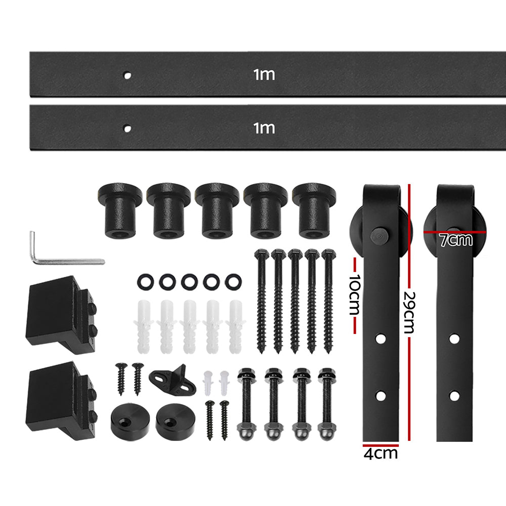 Barn door hardware kit with components and measurements on a white background