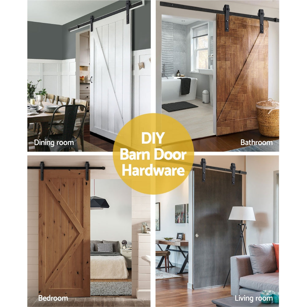 Collage of different rooms with sliding barn doors using DIY barn door hardware.
