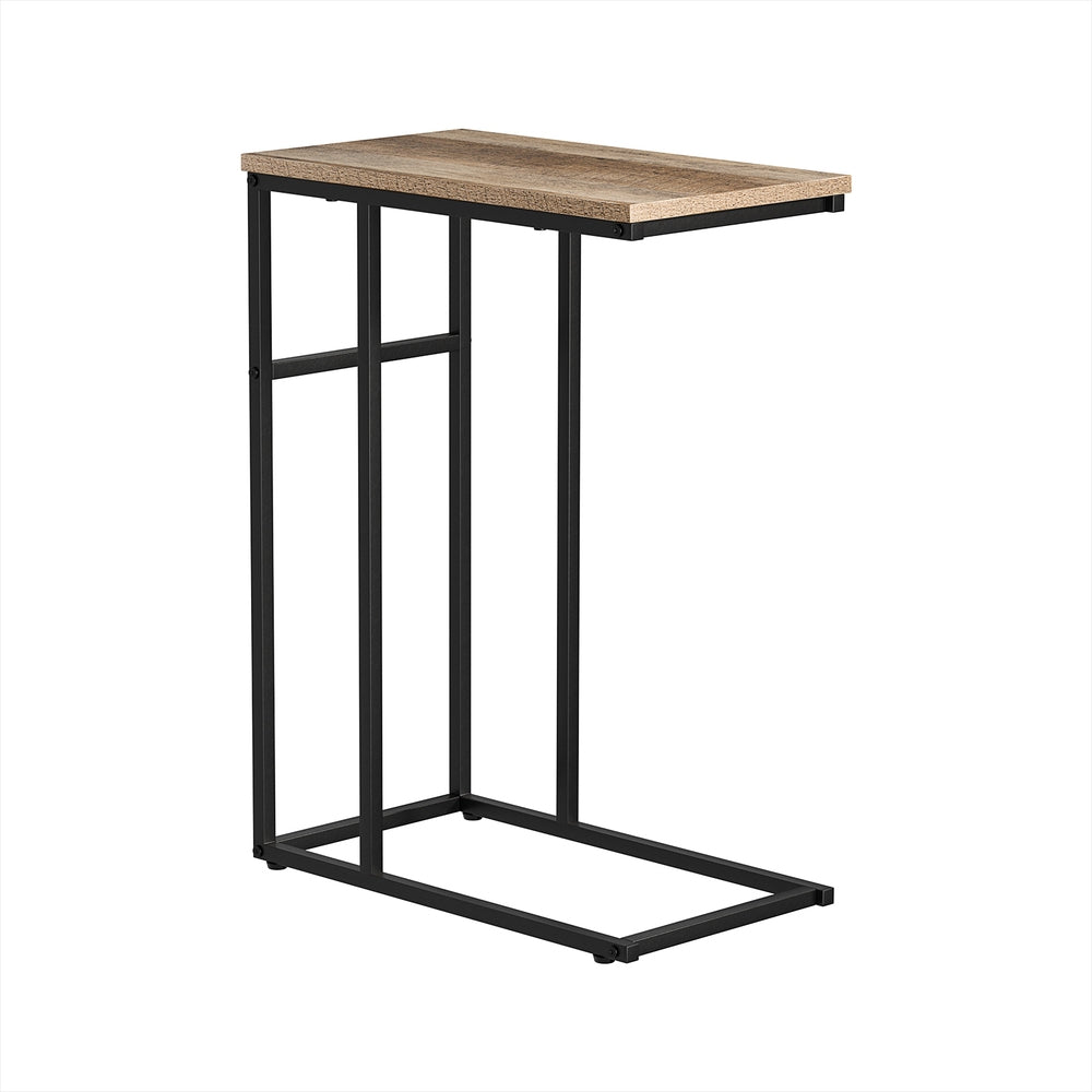 Small wooden table with black metal frame on a white background
