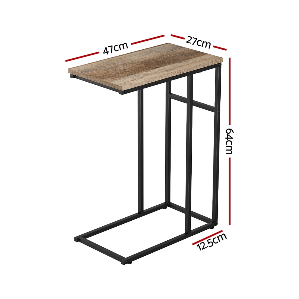 Small wooden table with black metal legs and dimensions marked on a white background