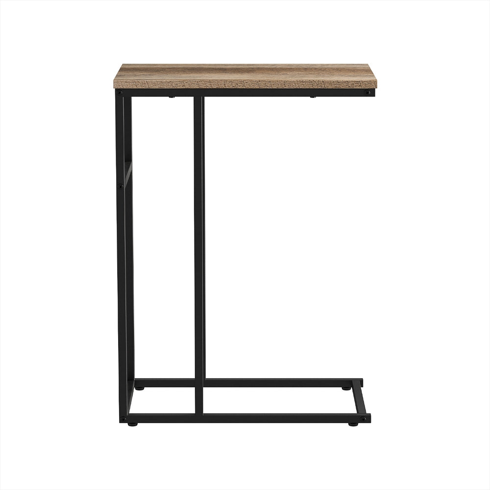 Small table with wooden top and black metal frame on a white background