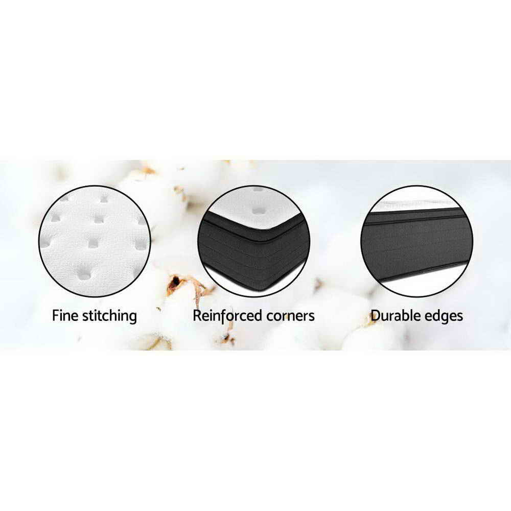 Textured fabric with 'Fine stitching', 'Reinforced corners', and 'Durable edges' labels on a white background.