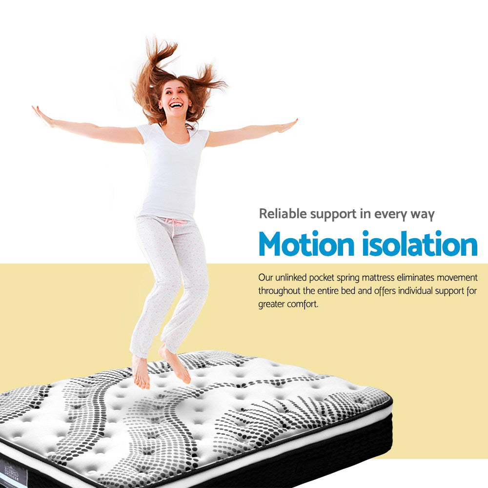 Woman jumping on a mattress with text about motion isolation and reliable support.