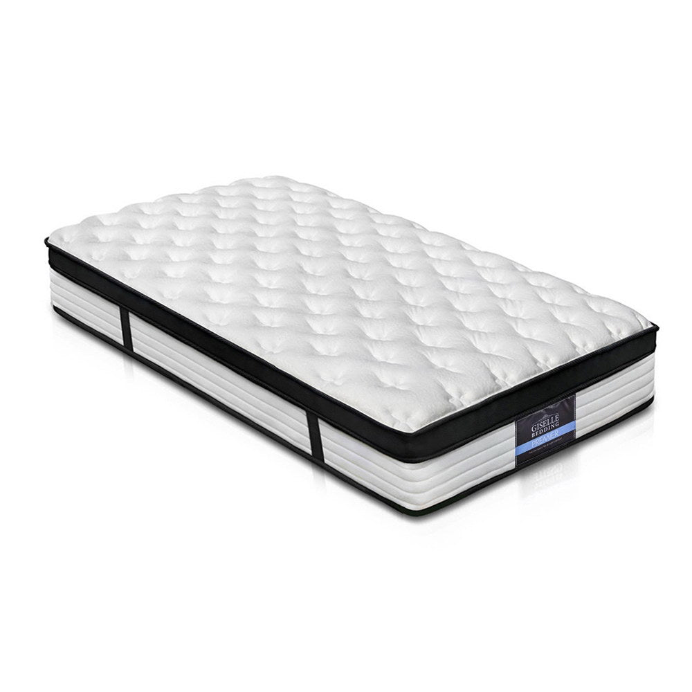 White mattress with visible brand logo on a white background
