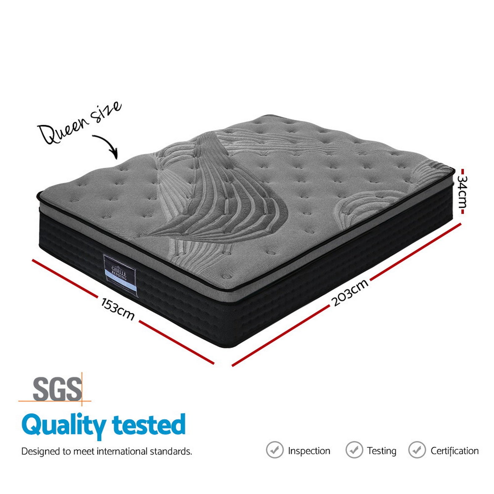 Gray mattress with dimensions and SGS quality testing label on a white background