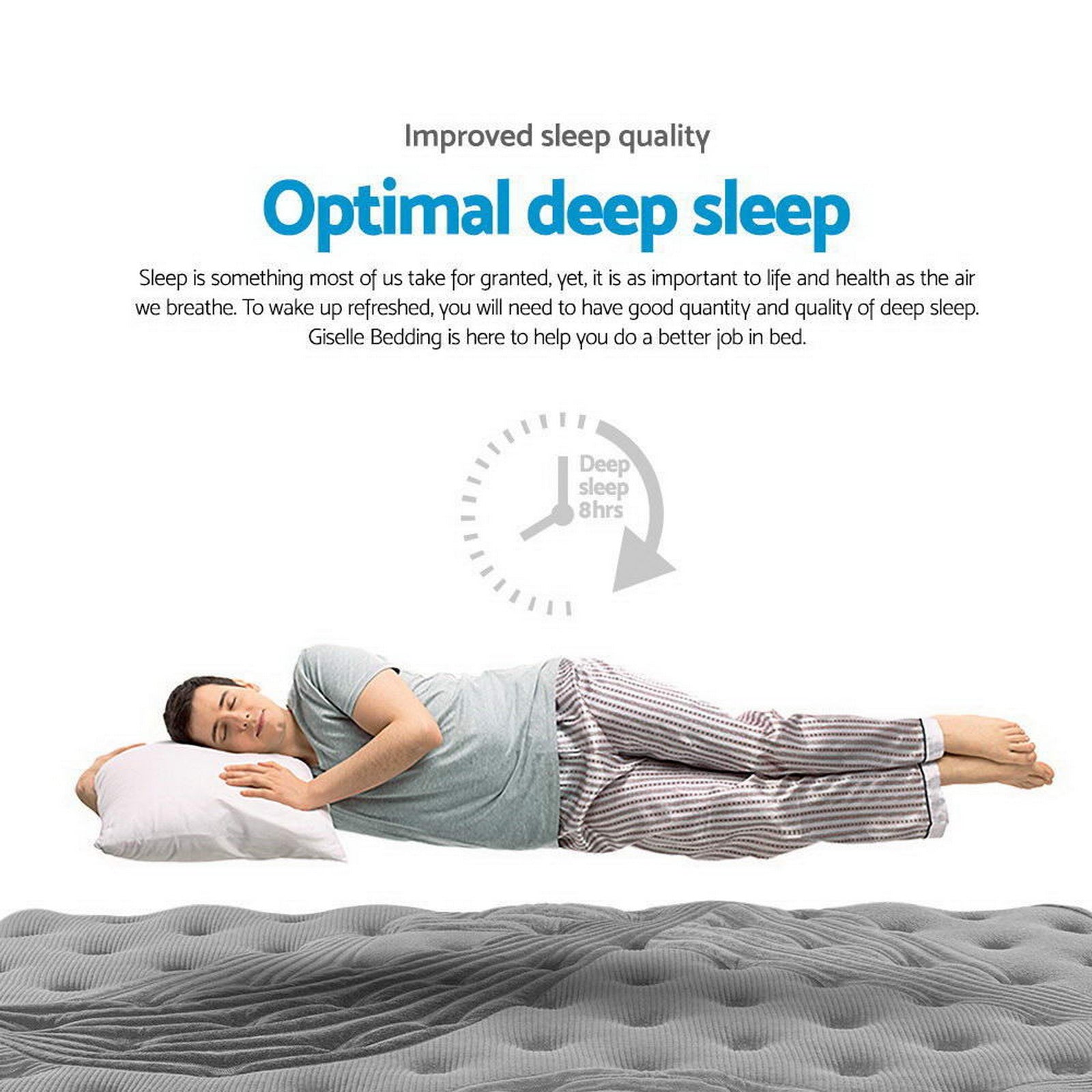 Person lying on a mattress with text about improved sleep quality and deep sleep.