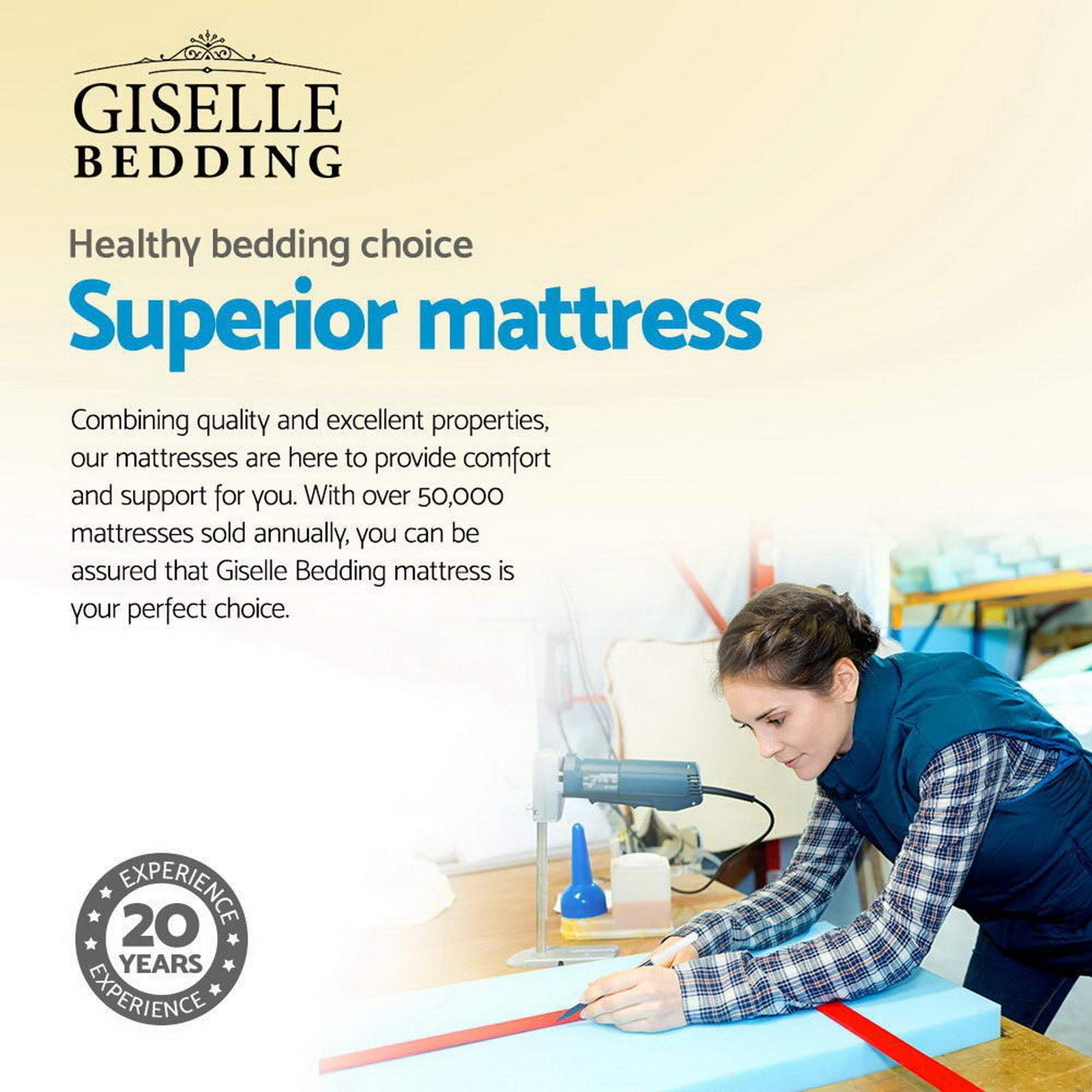 Advertisement for Giselle Bedding mattresses with a woman working on a mattress in the background.