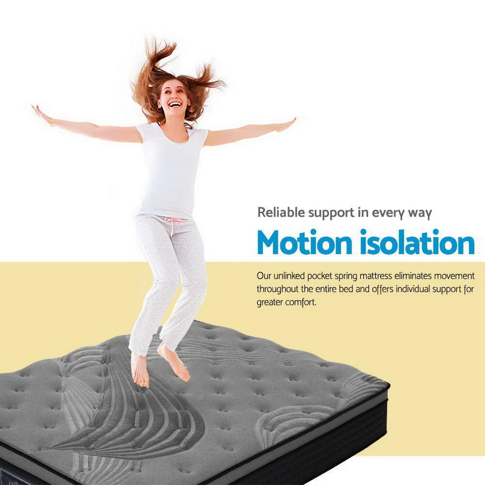 Woman jumping on a mattress with text about motion isolation