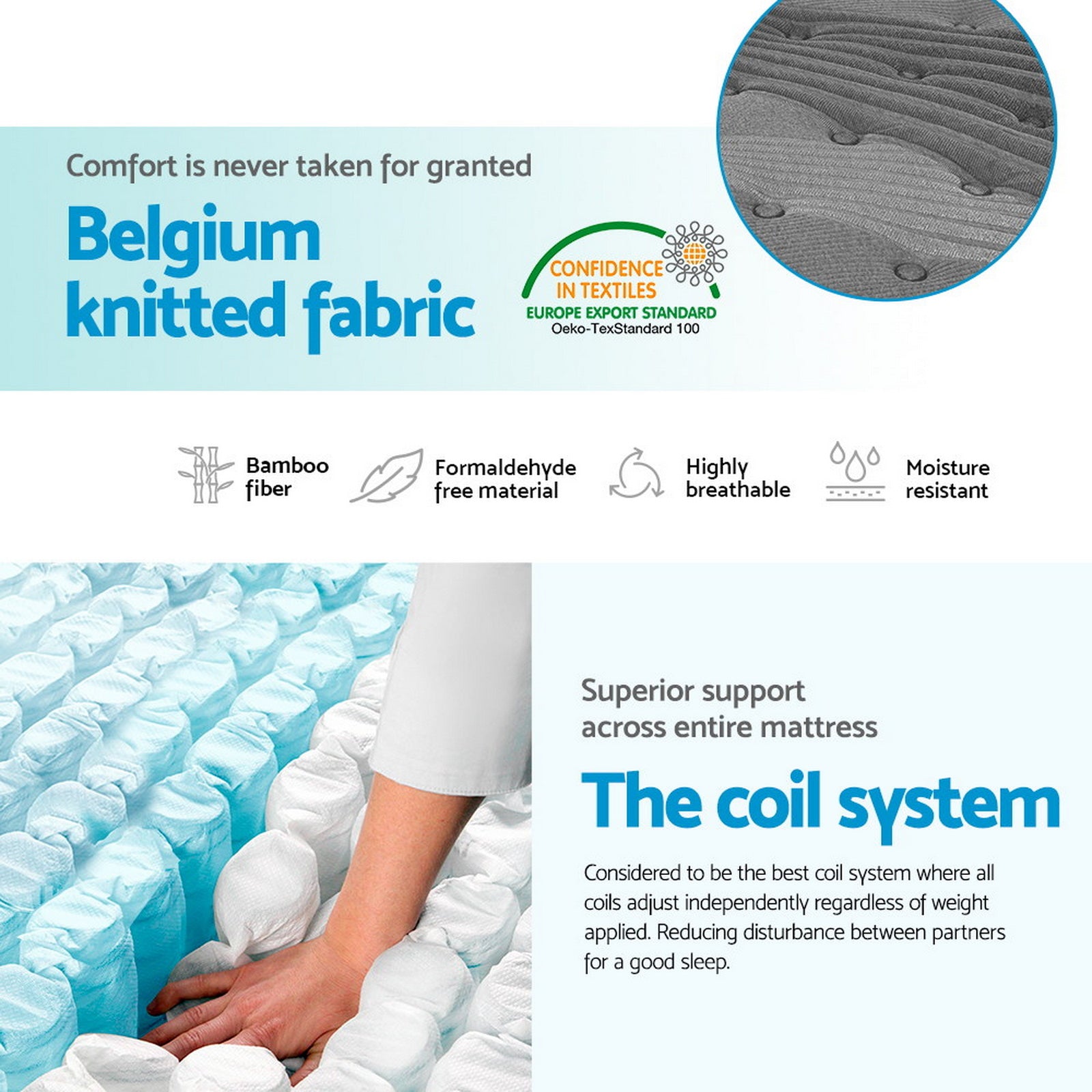 Advertisement for Belgium knitted fabric mattress with coil system and text highlighting features.
