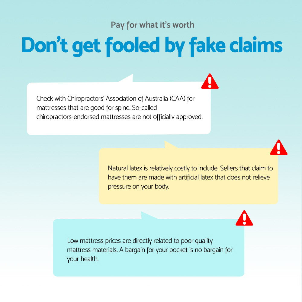 Warning message about fake claims on mattresses with text and icons on a light blue background