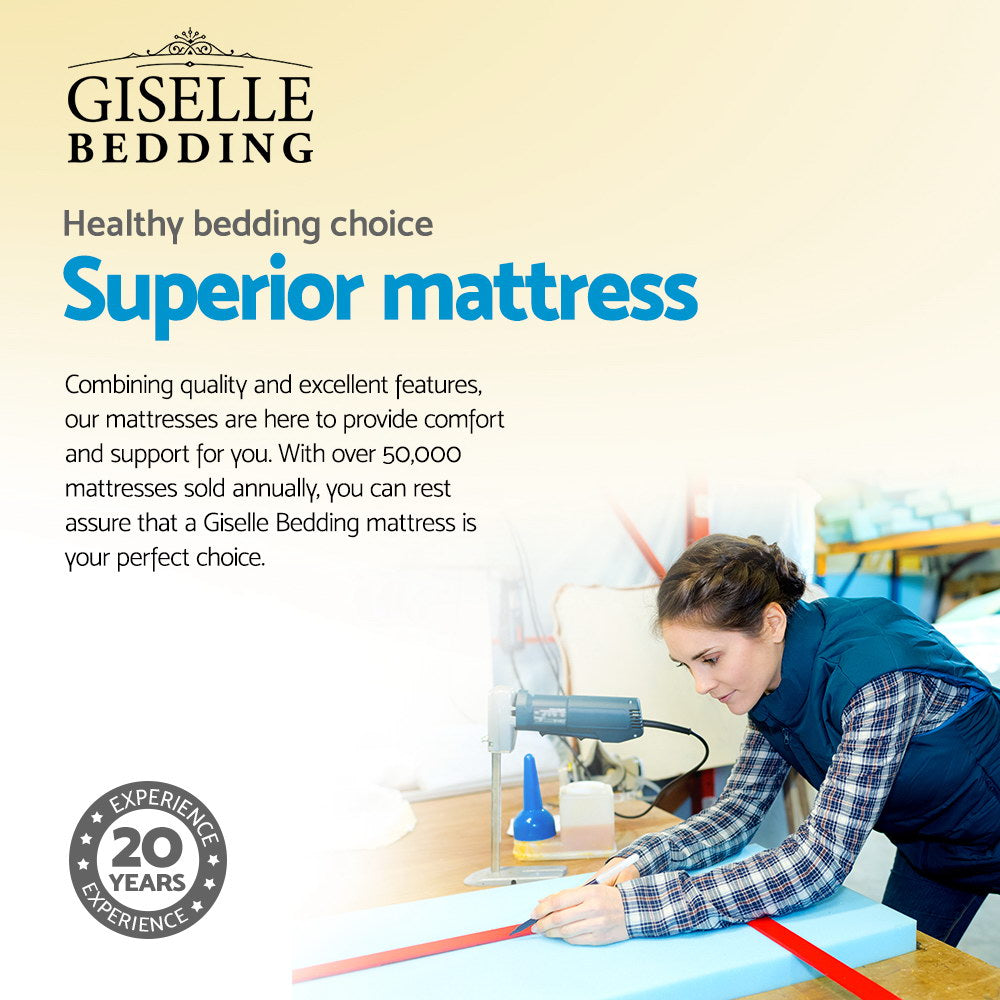 Advertisement for Giselle Bedding with a woman working on a mattress, featuring text about their mattresses.