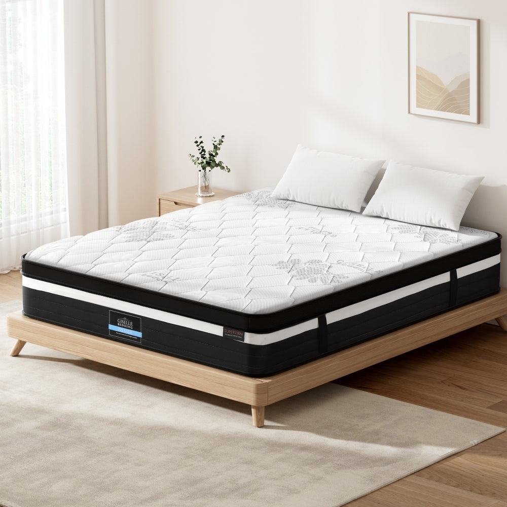 Mattress on a wooden bed frame in a bedroom setting