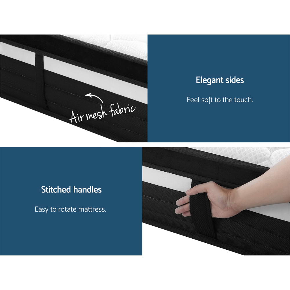 Mattress with air mesh fabric, stitched handles, and text describing features.