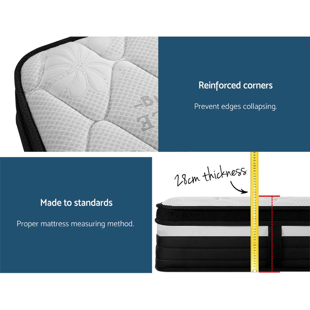 Mattress with reinforced corners and thickness measurement, featuring text on standards and measurements.