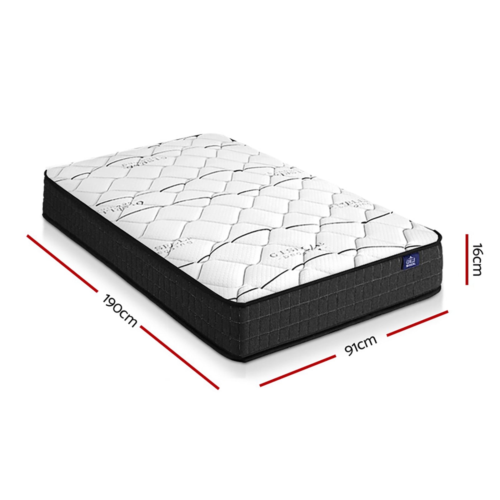 Mattress with white patterned top and black frame, shown with dimensions on a white background