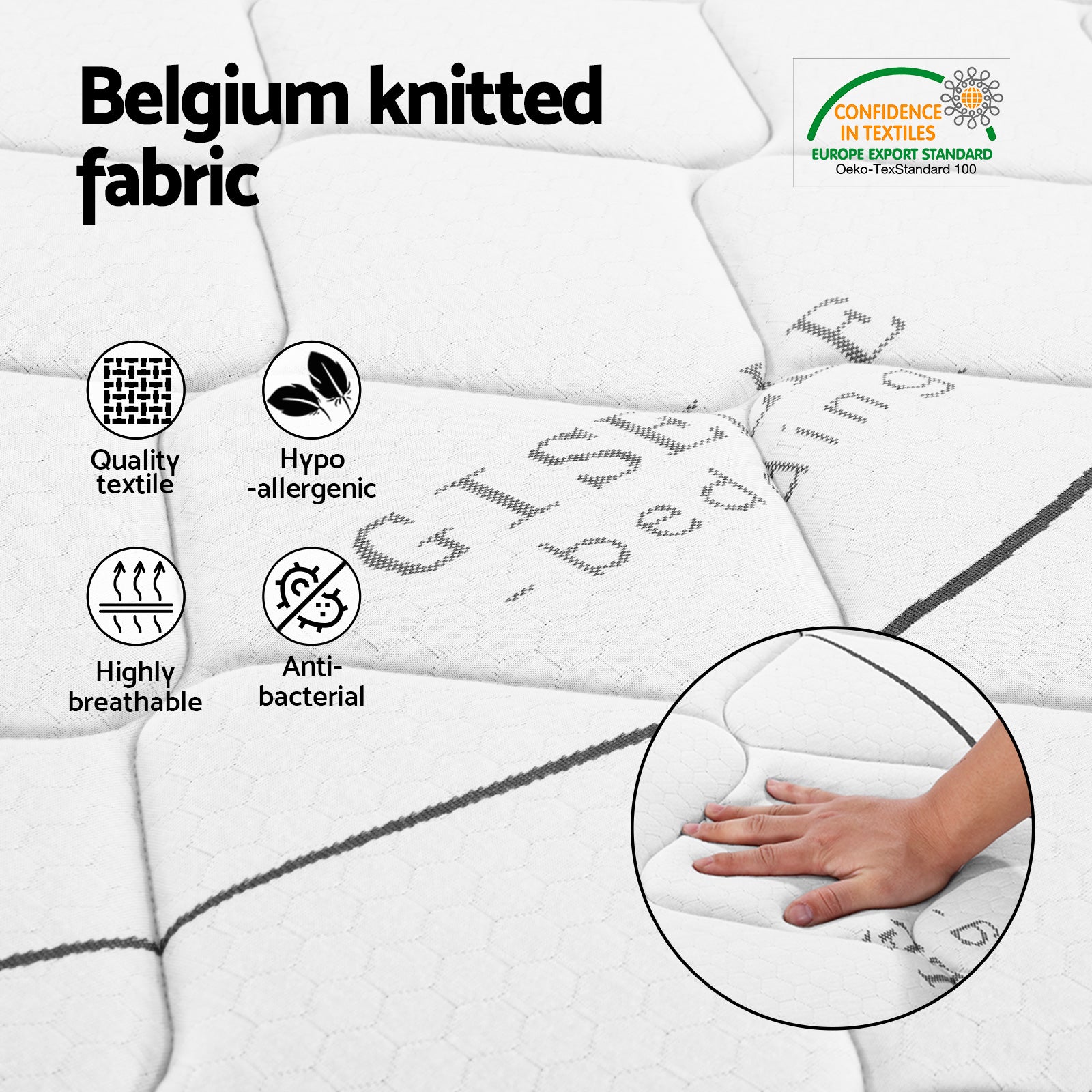 Belgium knitted fabric with text and icons indicating quality, hypo-allergenic, highly breathable, and antibacterial properties.
