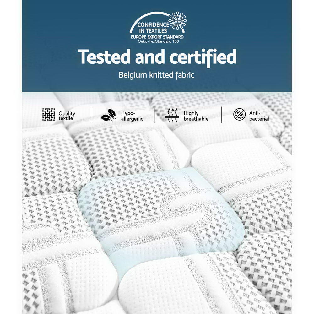 Textile fabric with certification logos and text on a blue background