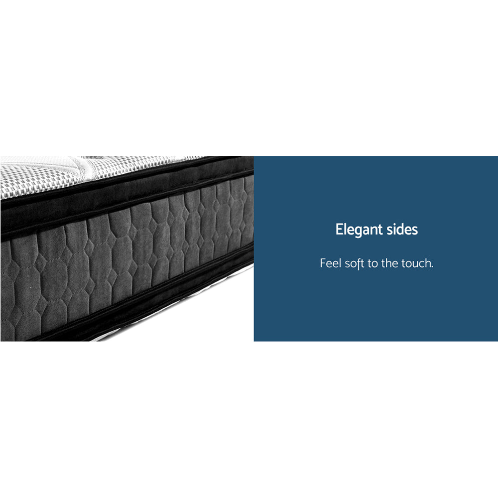 Gray mattress with textured sides on a white background, featuring text about mattress texture.