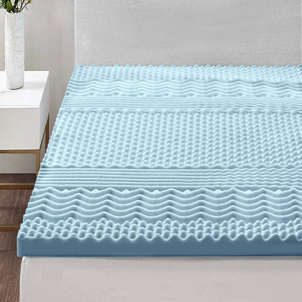 Blue mattress topper on a bed in a bedroom setting