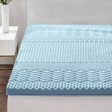 Blue mattress topper on a bed in a bedroom setting