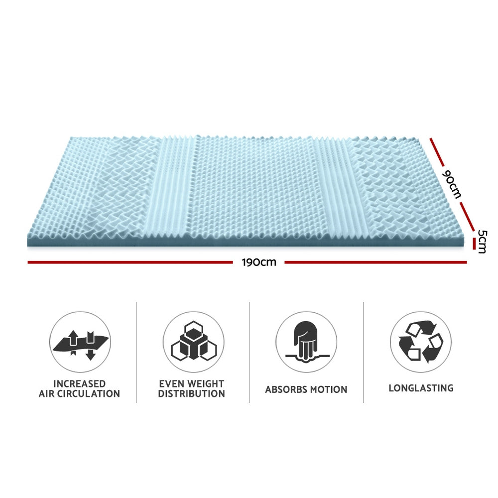 Blue mattress topper with dimensions and features on a white background