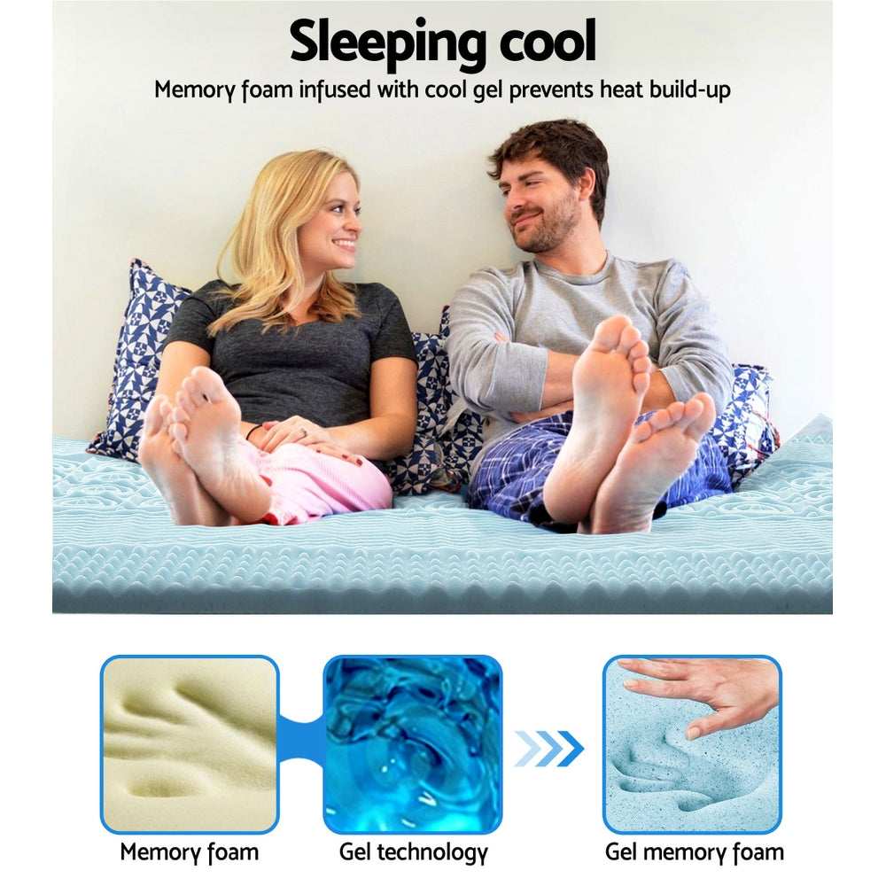 Couple lying on a mattress with text about memory foam and cool gel technology.