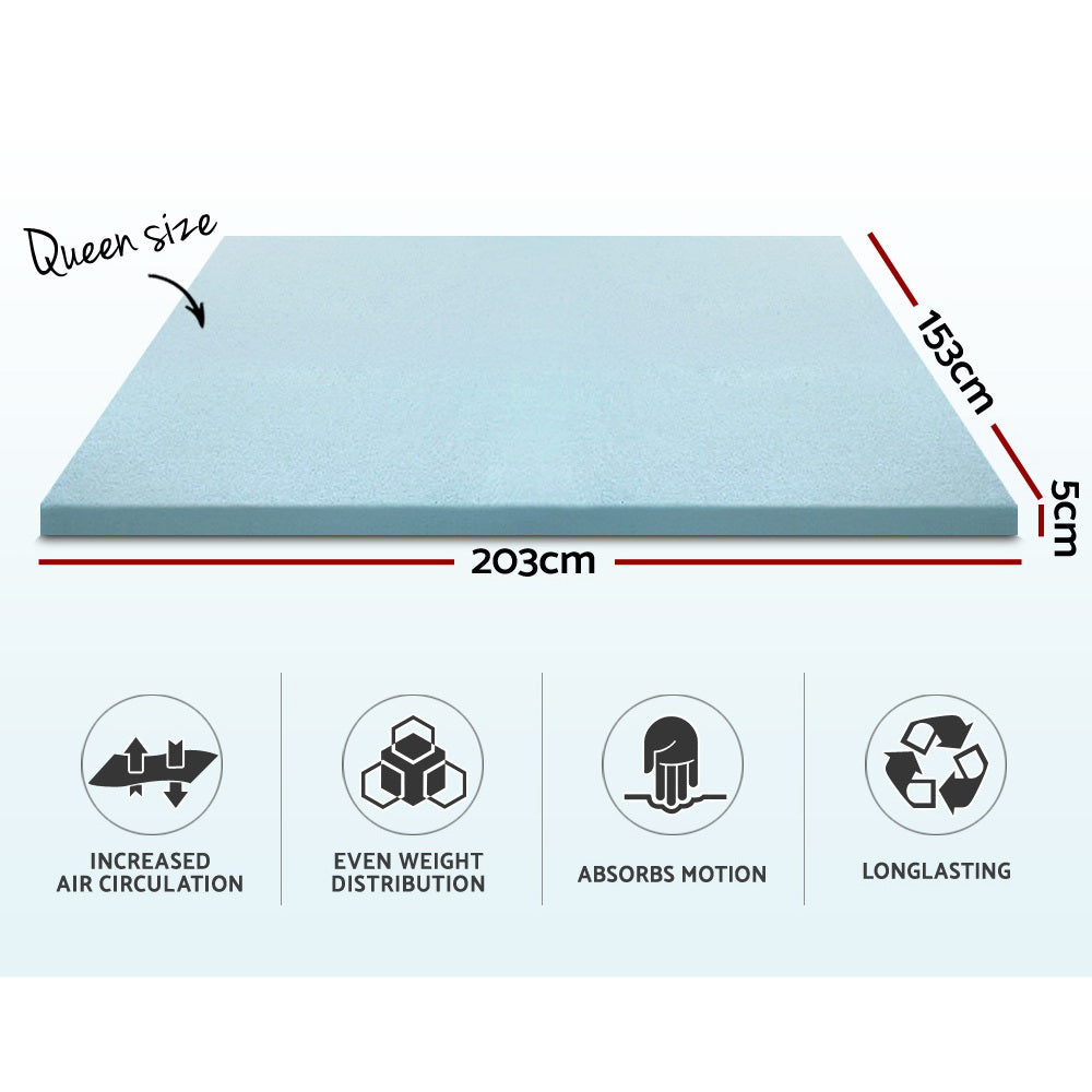 Queen size mattress topper with dimensions and features on a white background