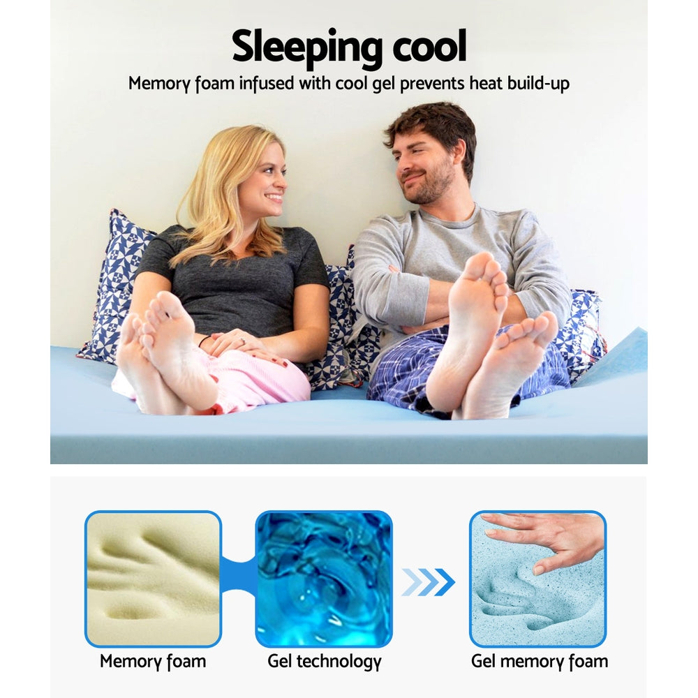 Couple sitting on a bed with text about memory foam and cool gel, and images of memory foam, gel, and gel memory foam.