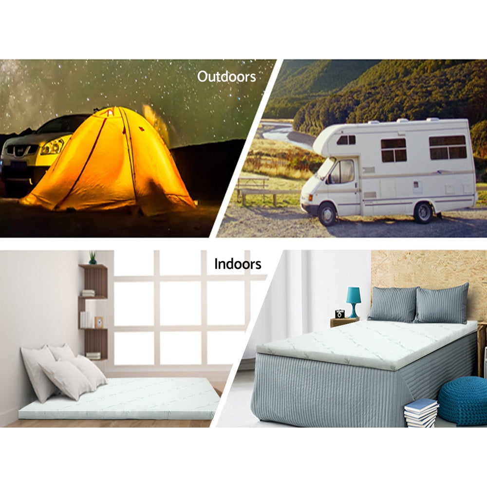 Collage of camping scene with tent, RV, and indoor bedroom setup.