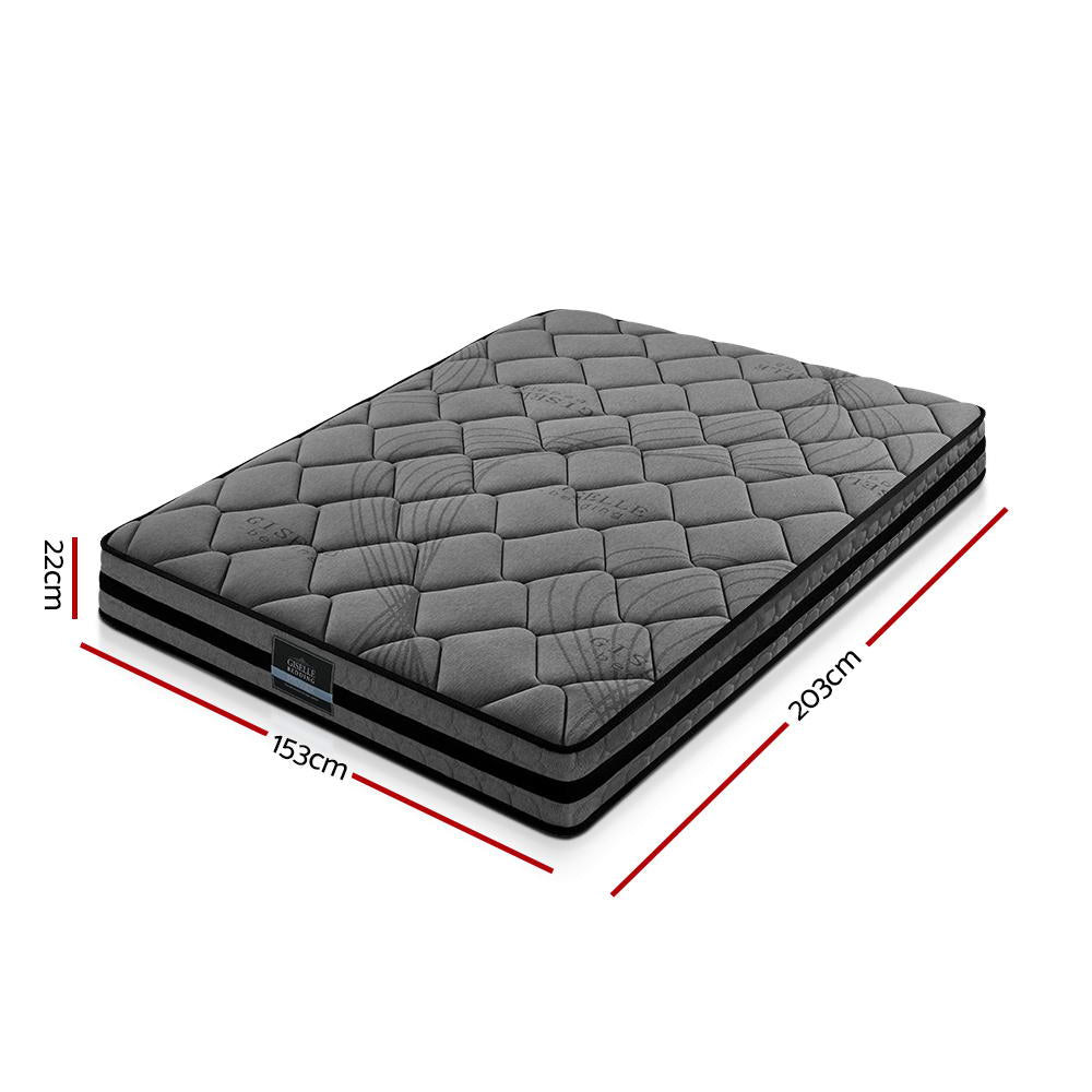 Gray quilted mattress with dimensions indicated on a white background