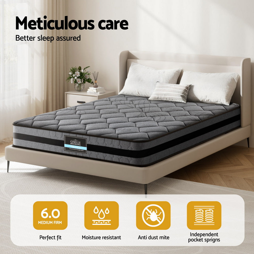 Gray mattress topper on a bed with brand logo and feature icons displayed.