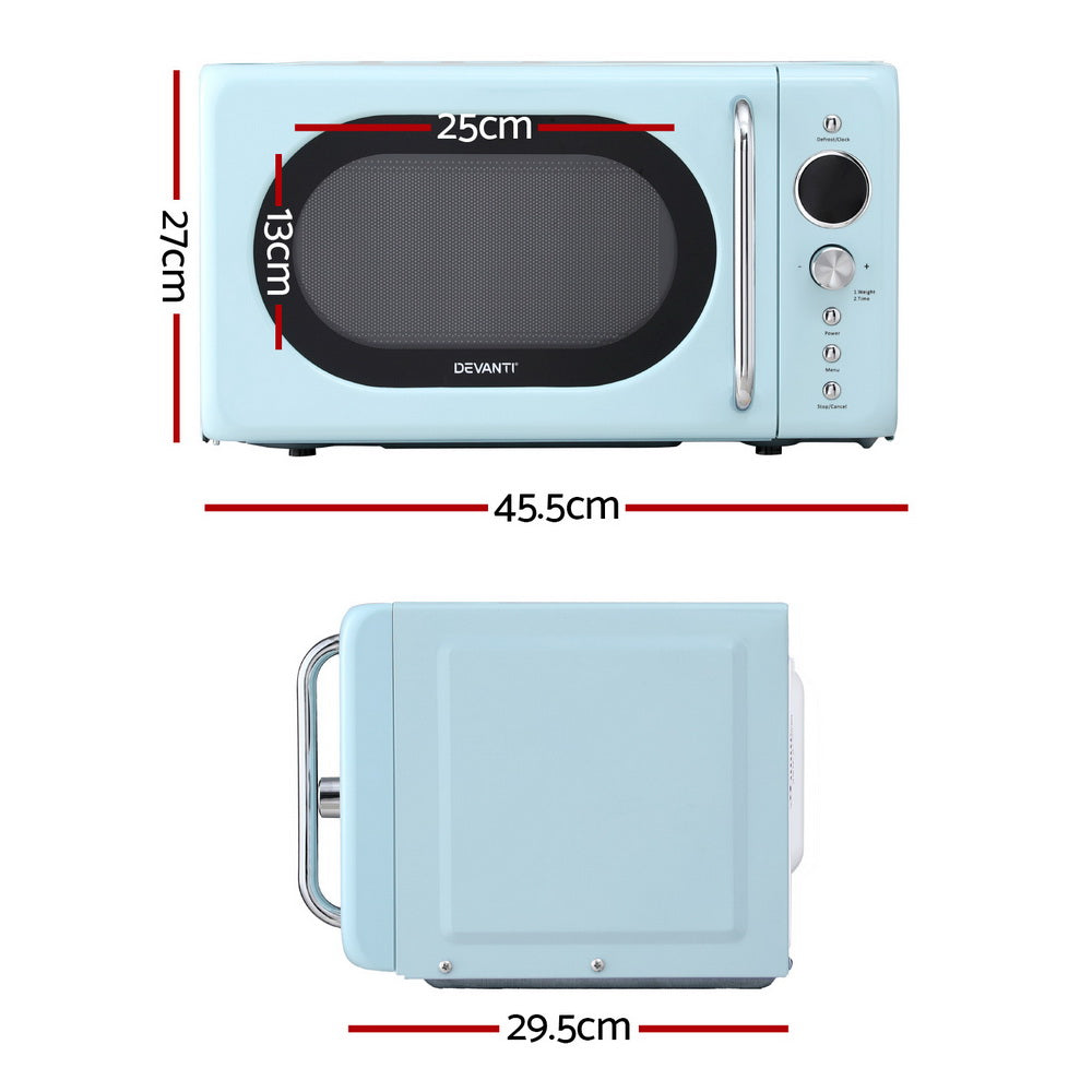Measurement chart of a light blue microwave oven with dimensions labeled.