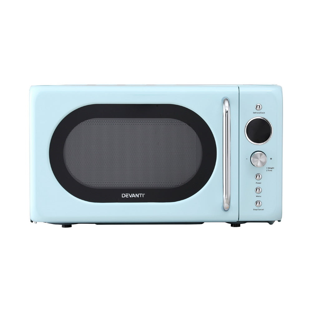 Light blue microwave oven with black door on a white background