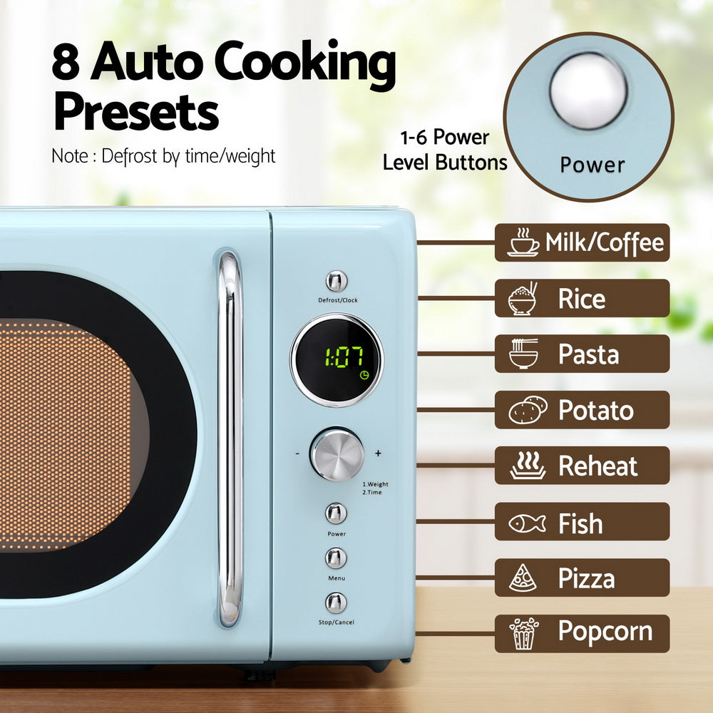 Blue microwave oven with auto cooking presets on a wooden surface