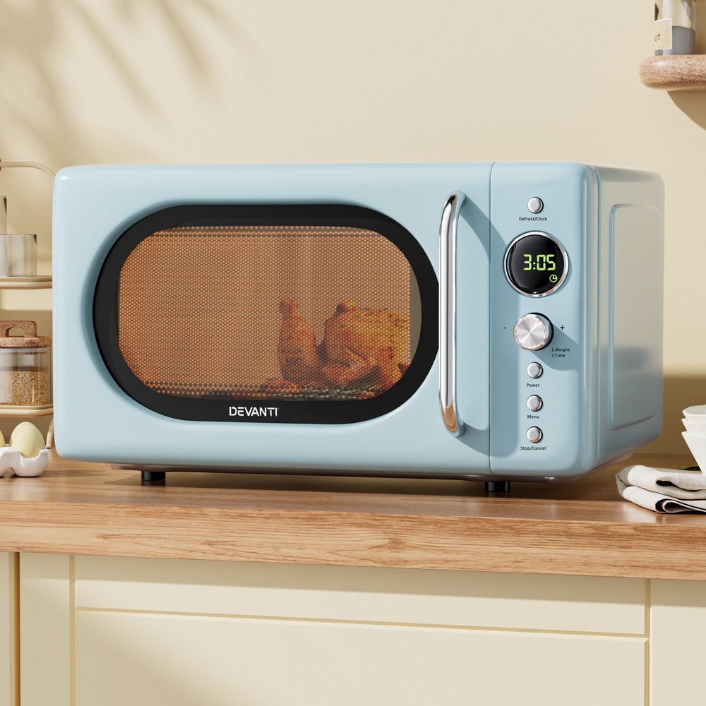 Light blue microwave oven on a kitchen counter with 'Devanti' branding.