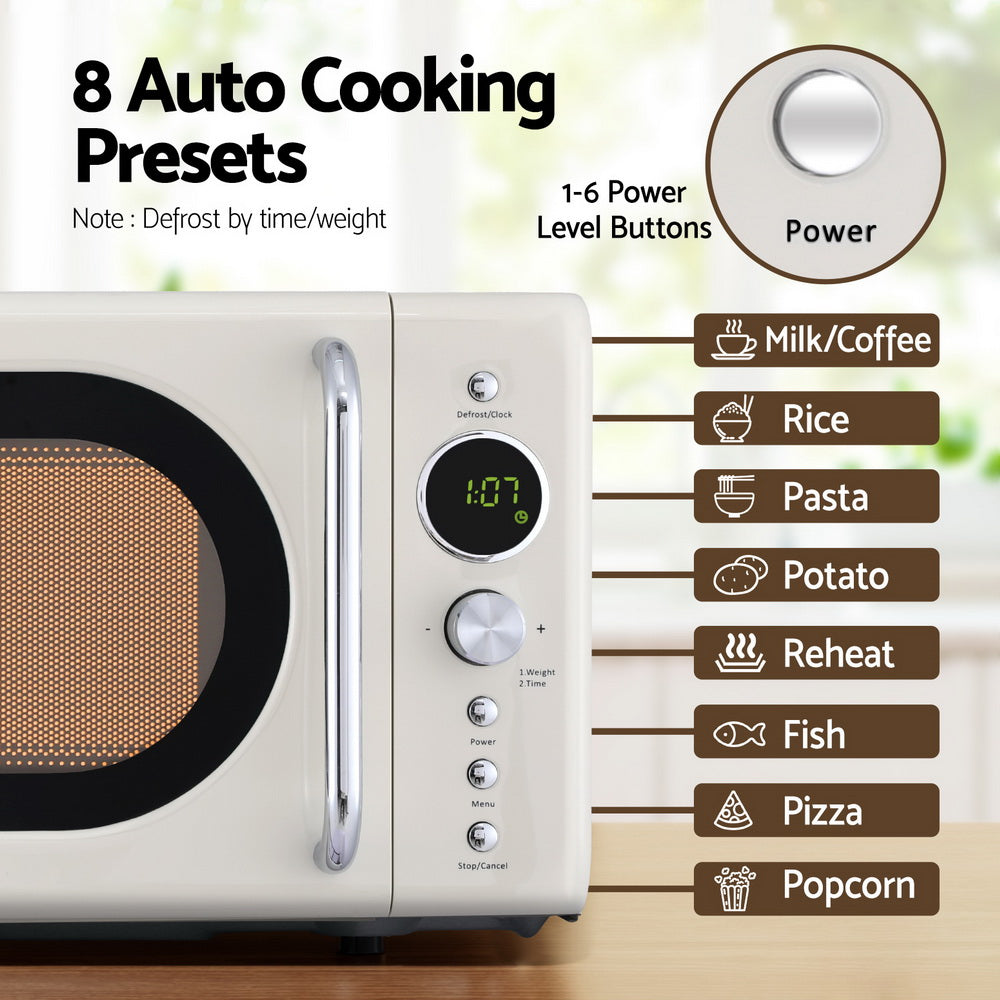 Microwave oven with auto cooking presets on a wooden surface