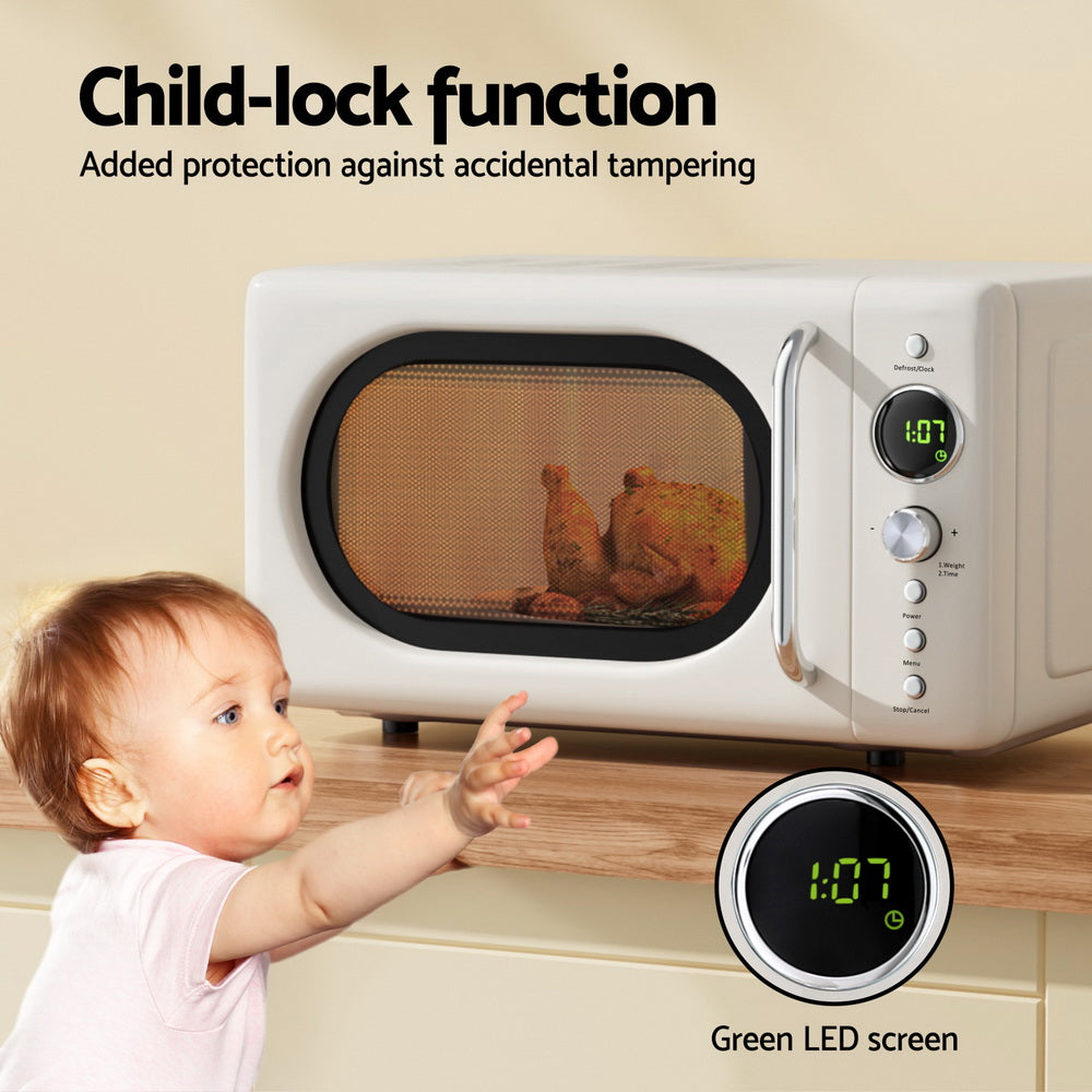 Child reaching towards a microwave with text about child-lock function and green LED screen.