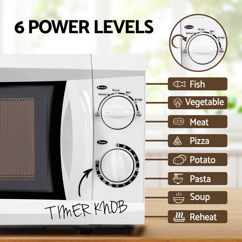 Microwave oven with power level controls and cooking time knob on a wooden surface.